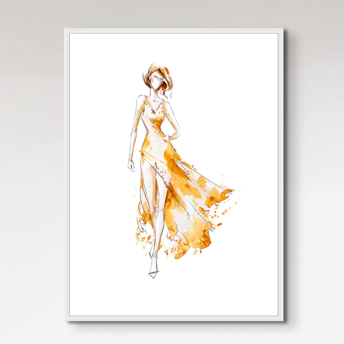 Watercolor fashion illustration, model in a long dress