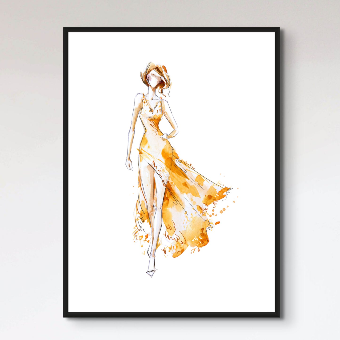 Watercolor fashion illustration, model in a long dress