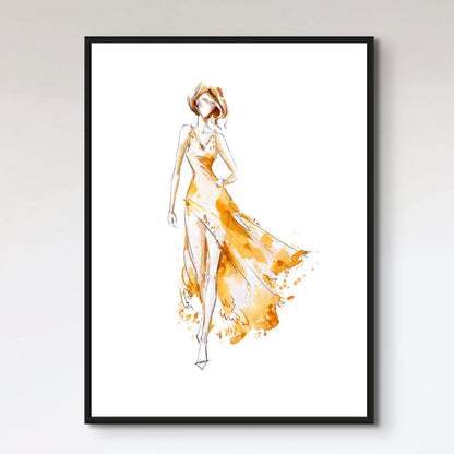 Watercolor fashion illustration, model in a long dress