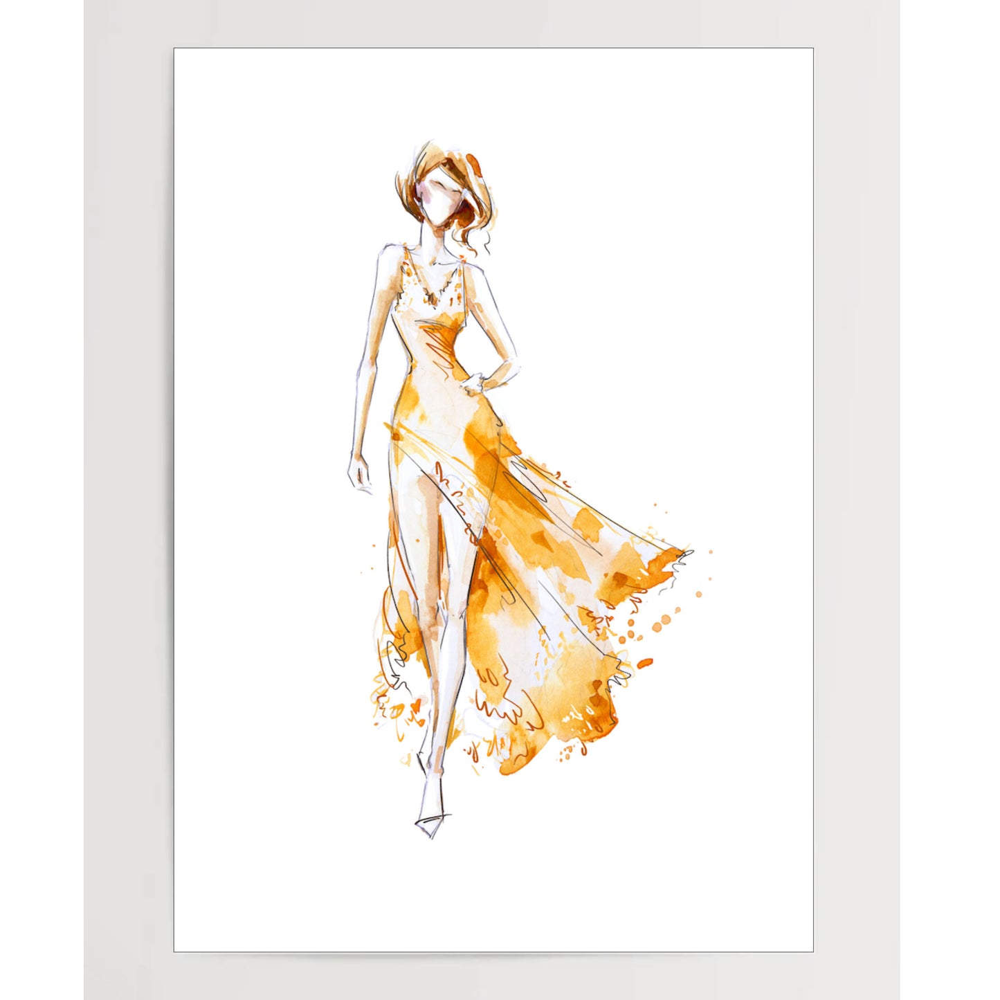 Watercolor fashion illustration, model in a long dress