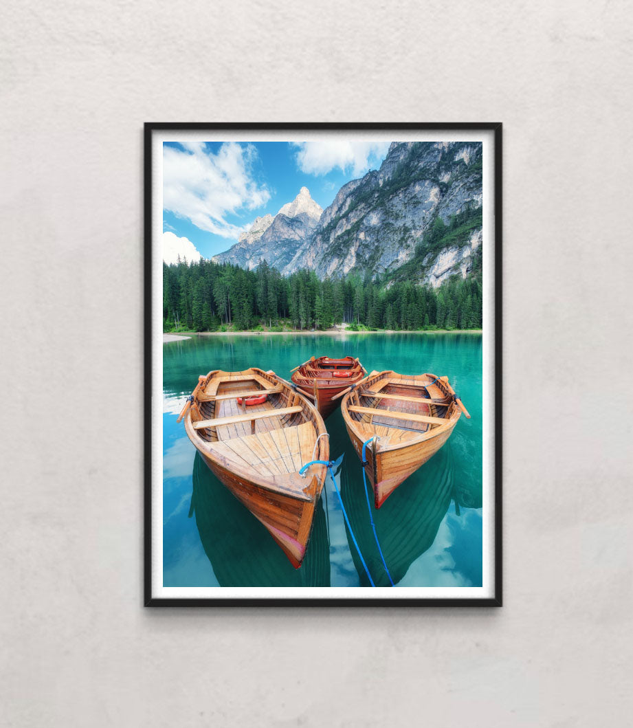 Lago di Braers lake, Dolomite Alps, Italy. Boats on the lake. Landscape in the Dolomite Alps, Italy. Pragser Wildsee - Image