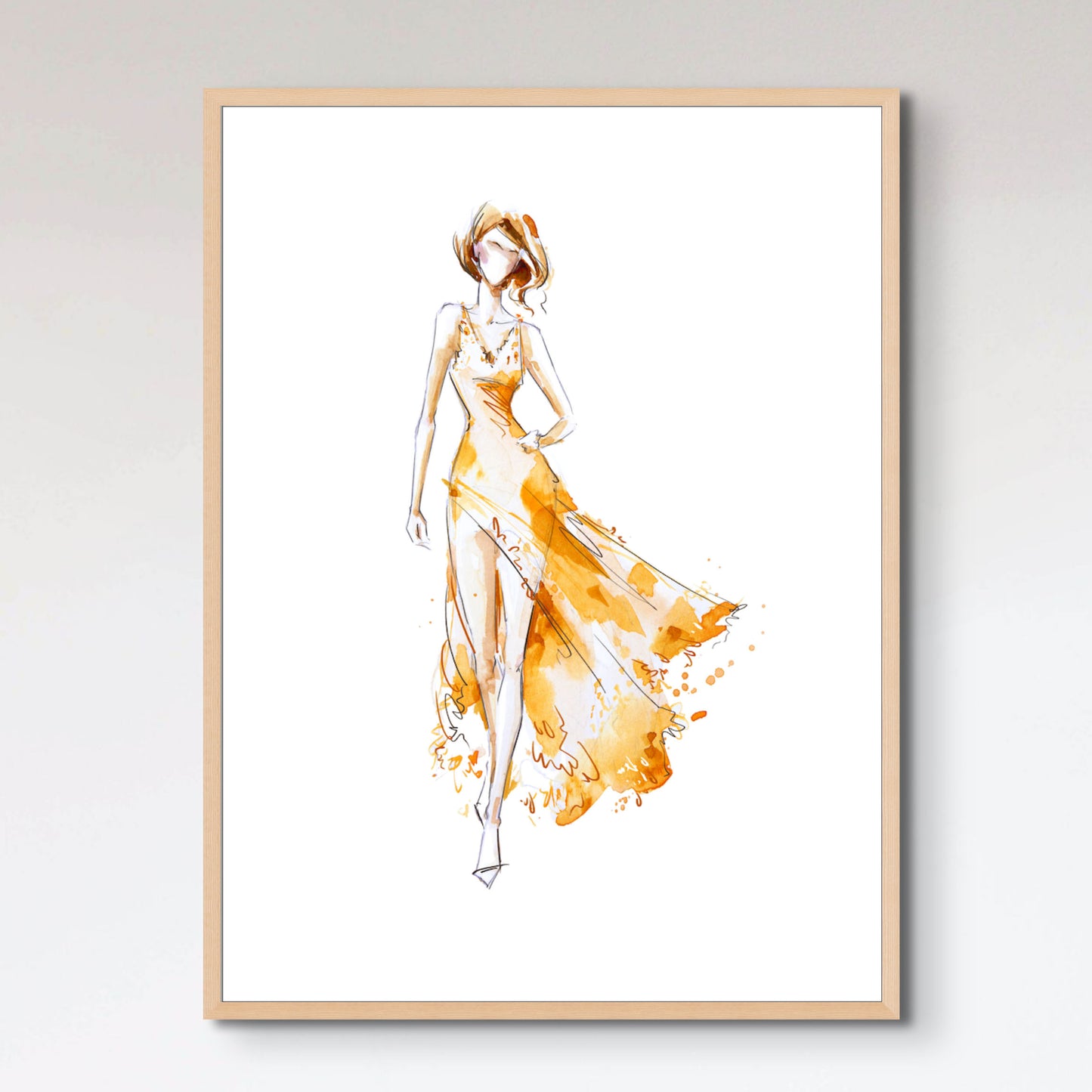 Watercolor fashion illustration, model in a long dress