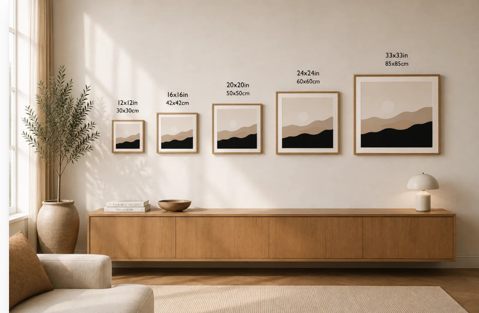 Square artwork sizes shown together in the same living room