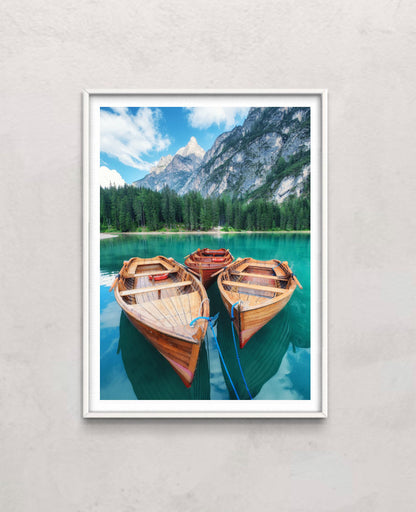 Lago di Braers lake, Dolomite Alps, Italy. Boats on the lake. Landscape in the Dolomite Alps, Italy. Pragser Wildsee - Image