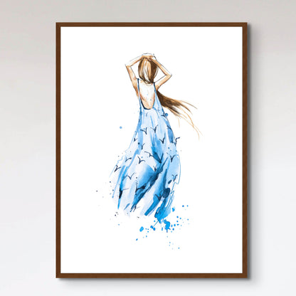 Watercolor fashion illustration, girl in a summer dress looking in the distance