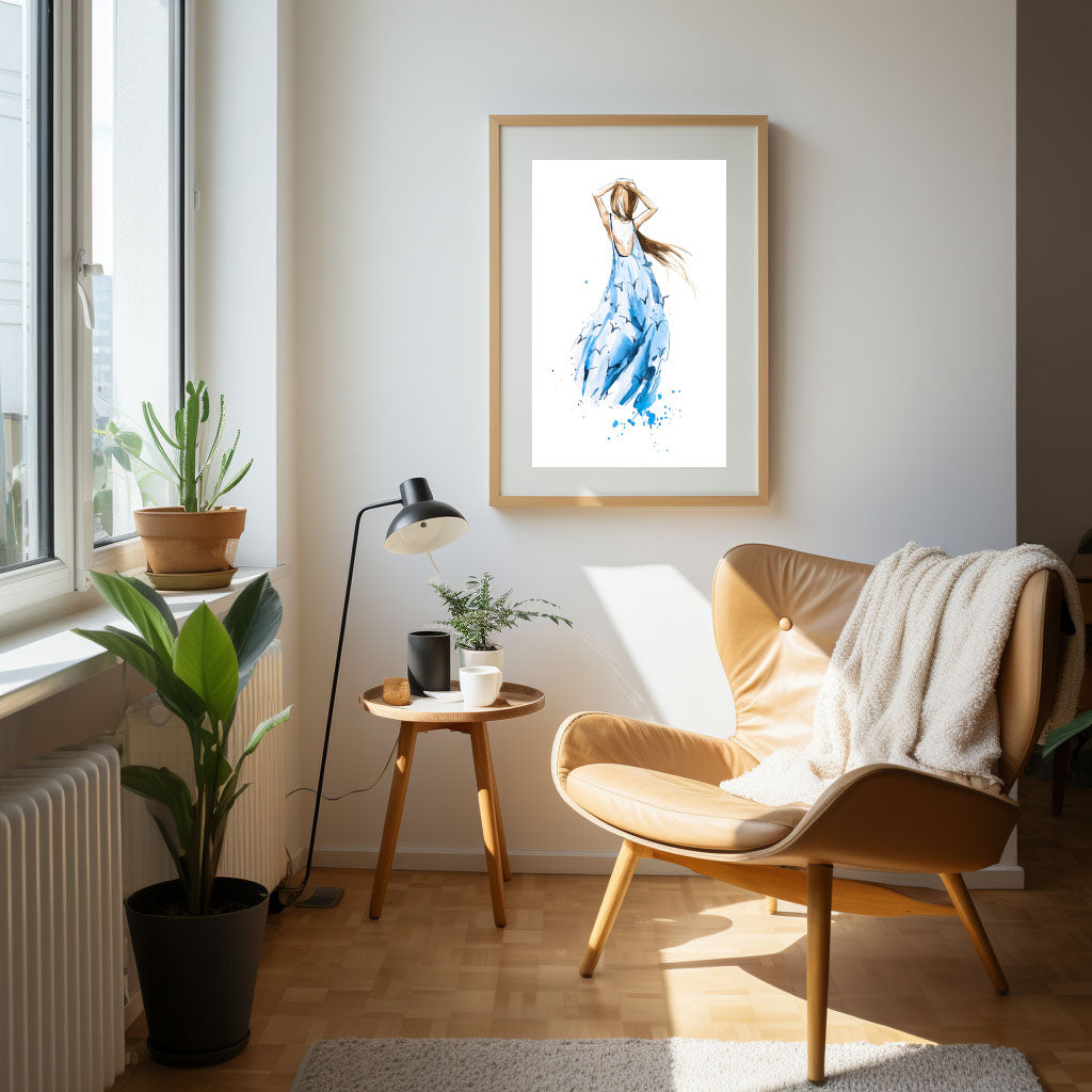 Watercolor fashion illustration, girl in a summer dress looking in the distance