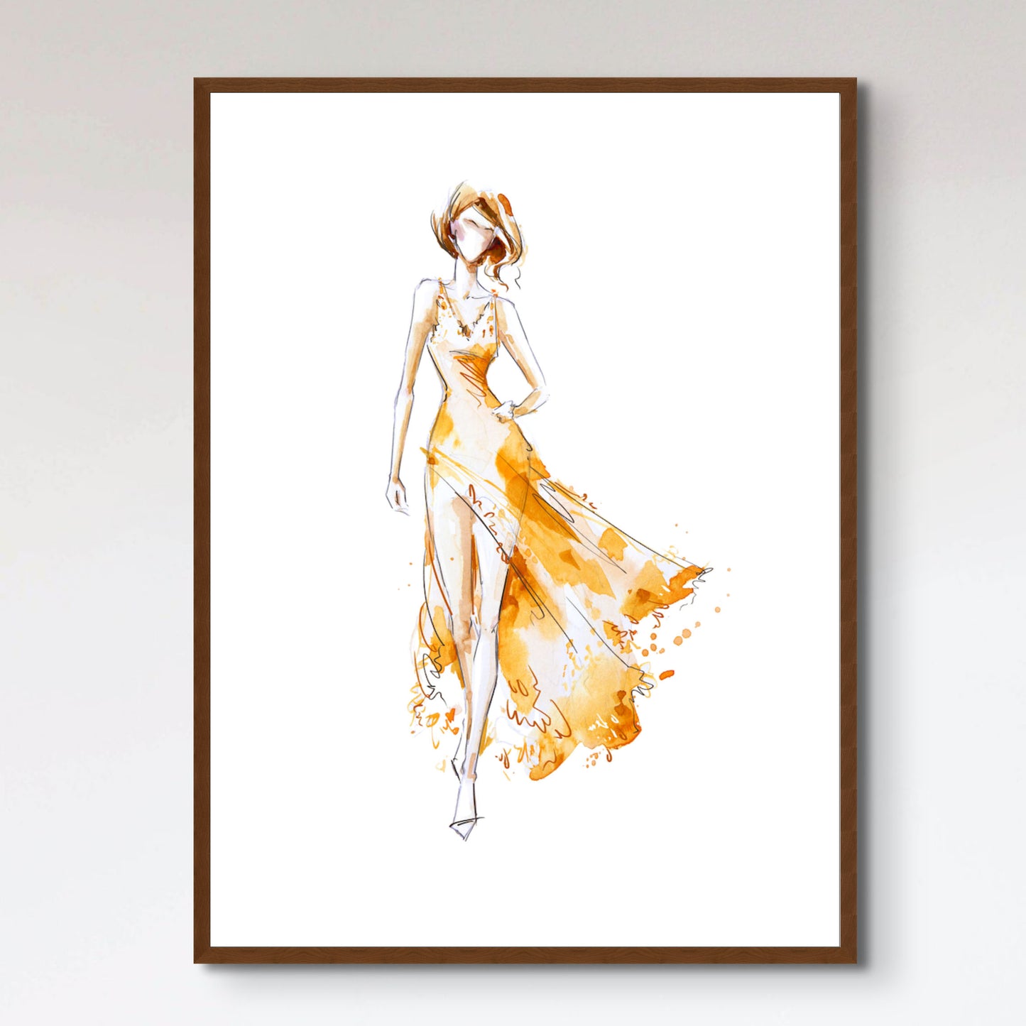 Watercolor fashion illustration, model in a long dress