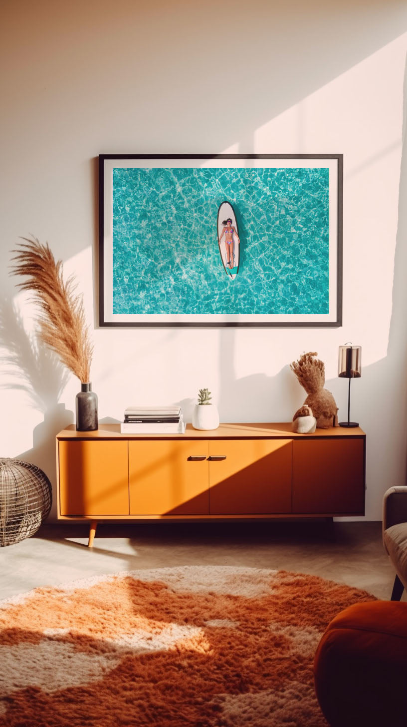 Woman in bikini is sunbathing on a surfboard