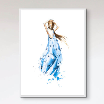 Watercolor fashion illustration, girl in a summer dress looking in the distance