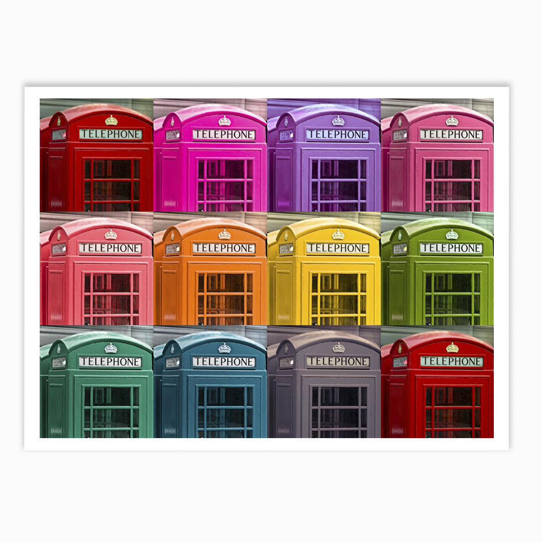 Multi coloured telephone boxes